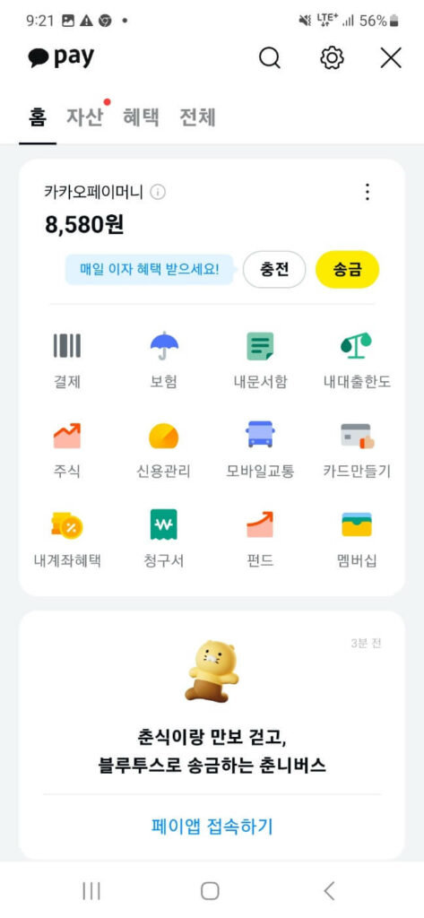 카카오톡 페이 홈 화면 - 보험