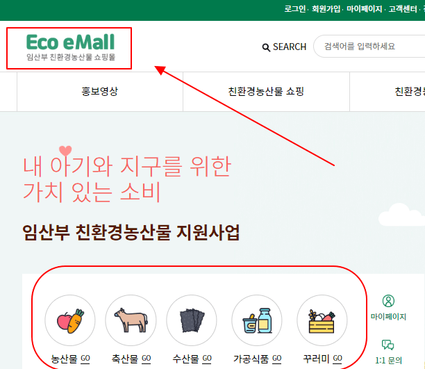 2024년 임산부 친환경 농산물 꾸러미 신청방법 - 에코이몰 홈페이지 화면